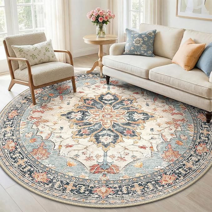 RELEANY Area Rugs Round 6ft Washable Non-Slip, Floral Vintage Distress Medallion Carpet for Living Room Bedroom Dining Room, Beige Navy Blue Orange Colorful