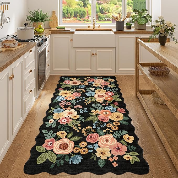 DUKINO 3x6 Washable Runner Rug, Soft Indoor Floral Non Slip Runner Rug for Hallways, Lightweight & Low Pile Floor Carpet for Kitchen, Entryway, Hallway, Bathroom, Laundry, Bedroom, Black