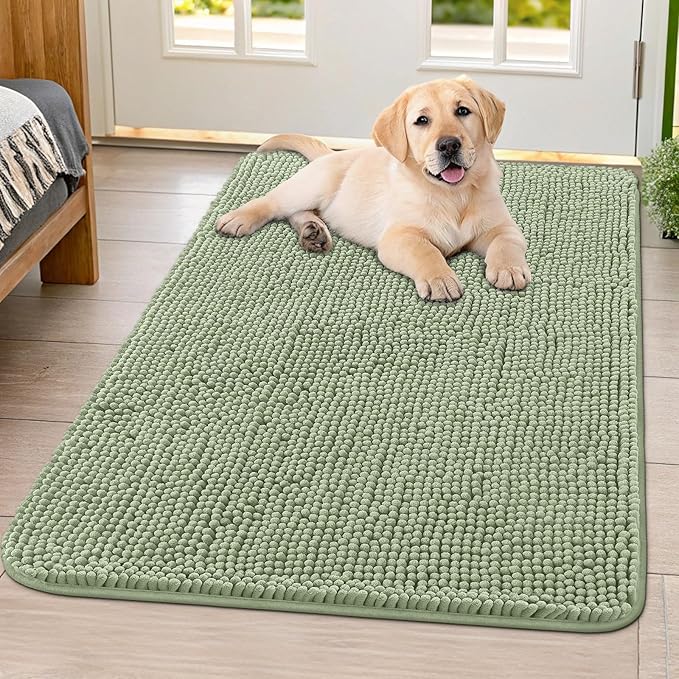 Smiry Dog Door Mat for Muddy Paws 40x32, Absorbent Dirt Trapper, Non-Slip Washable Chenille Entryway Rug for Inside Floor, Sage Green, Classic Solid
