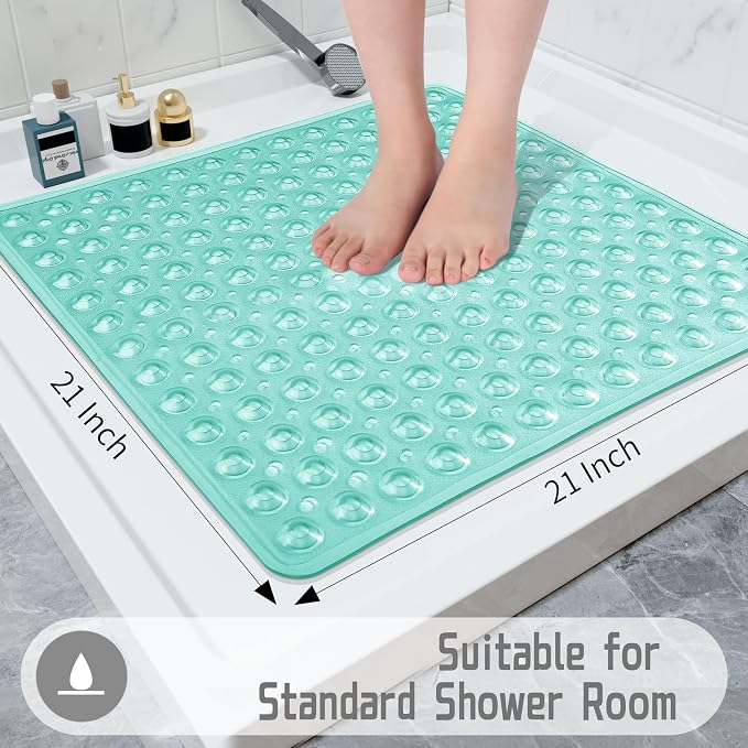 Yimobra Shower Stall Mat Non Slip, 21X21 Inch, Soft Square Bath Mat for Shower with Suction Cups and Drain Holes, Stall Floor Mats for Bathroom, Machine Washable, Bathroom Accessories, Clear Green