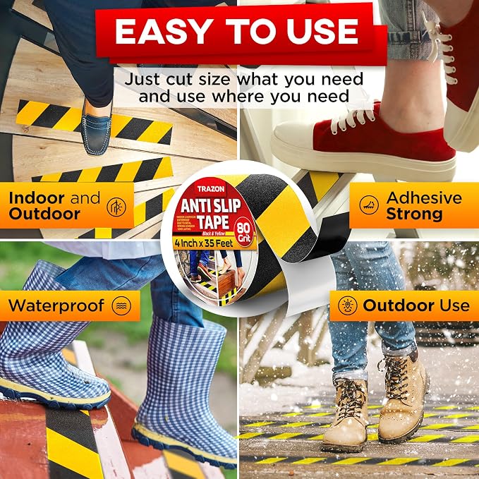 Grip Tape - Heavy Duty Anti Slip Tape for Stairs Outdoor/Indoor Waterproof 4Inch x 35Ft Safety Non Skid Roll for Stair Steps Ramp Traction Tread Staircases Grips Non Slip Strips Walk Black and Yellow