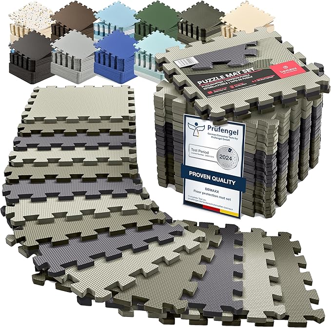 bemaxx Gym Mats Set - 18 pcs EVA Interlocking Foam Floor Tiles (12.6"x12.6"x0.4") 18sqft Protective Gym Flooring Sports Home Workout Exercise Mats Puzzle Garage Fitness Play-Room Pool Treadmill Bike