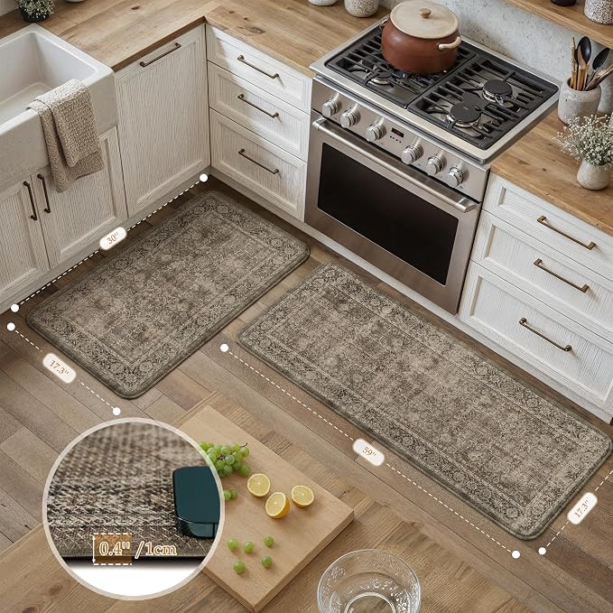 PureCozy Kitchen Mats 2PCS Anti Fatigue Cushioned Mat Brown Vintage Kitchen Mats for Floor Waterproof Non Slip Comfort Standing Distressed Rug for Sink Laundry Office 17.3"x59"+17.3"x30"