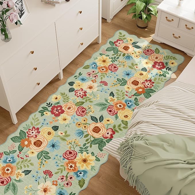 DUKINO 2.6x10 Runner Rug for Hallway, Lightweight Washable Floral Kitchen Rug with Non Shedding, Soft Low Pile & Non Slip Backing Boho Runner for Entryway, Bathroom, Laundry, Bedroom, Green