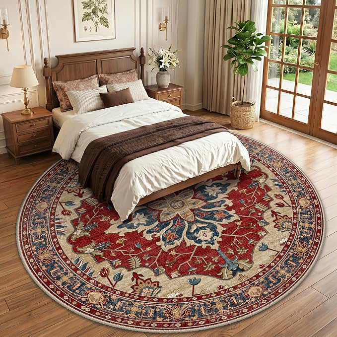 RELEANY Area Rugs Round 10ft Washable Non-Slip, Floral Vintage Distress Medallion Carpet for Living Room Bedroom Dining Room, Red Blue