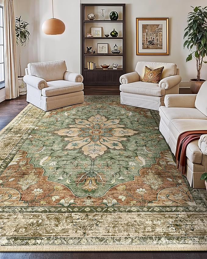 RELEANY Area Rugs Large 10'x14' Washable Non-Slip, Floral Vintage Distress Medallion Carpet for Living Room Bedroom Dining Room, Terracotta Burnt Orange Green
