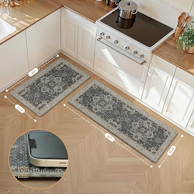 GENIMO Kitchen Mats for Floor 2PCs, Washable Anti Fatigue Mat for Cushioned, 17.3"x47"+17.3"x30", Waterproof Kitchen Rugs, Non Slip Comfort Standing Mat Rug for Home, Sink, Laundry, Midnight Gold