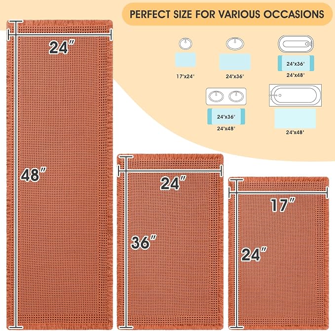 Upgrade Waffle Bath Mat Set 3 Piece, Boho Bathroom Rugs Absorbent Non Slip, Soft Bathroom Mats, Machine Washable Knit Bath Rugs with Border for Bathroom, Bedroom, Kitchen, Shower, Tub, Burnt Orange