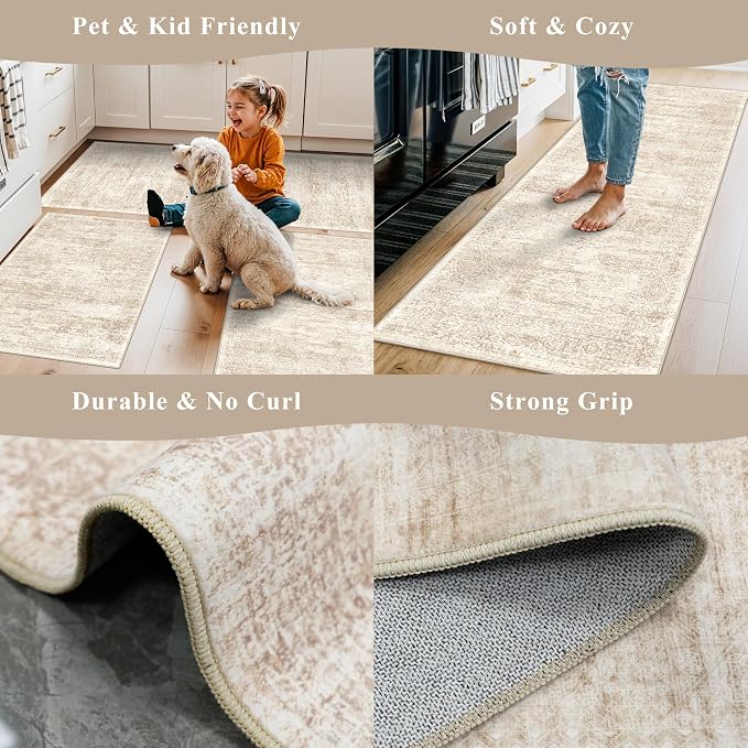 Kitchen Rug Sets 3 Piece Washable – Non Slip Modern Boho Small Kitchen Rugs and Runner Set for Sink Entryway Bathroom Hallway – Soft Low Pile Floor Mats (Cream Beige, 2x3+2x4+2x5)