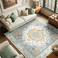 RELEANY Area Rugs Square 6ft Washable Non-Slip, Floral Vintage Distress Medallion Carpet for Living Room Bedroom Dining Room, Beige Carbon Grey Orange