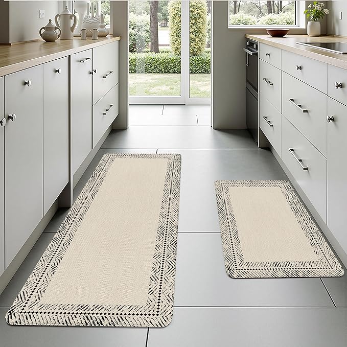 Black Vintage Boho Elegance Frame Kitchen Rug Sets [2 PCs], Anti-Fatigue, Waterproof Non-Slip Kitchen Mats Heavy Duty Comfort Foam Rug for Kitchen, Floor, Laundry,17"x29"+17"x47"