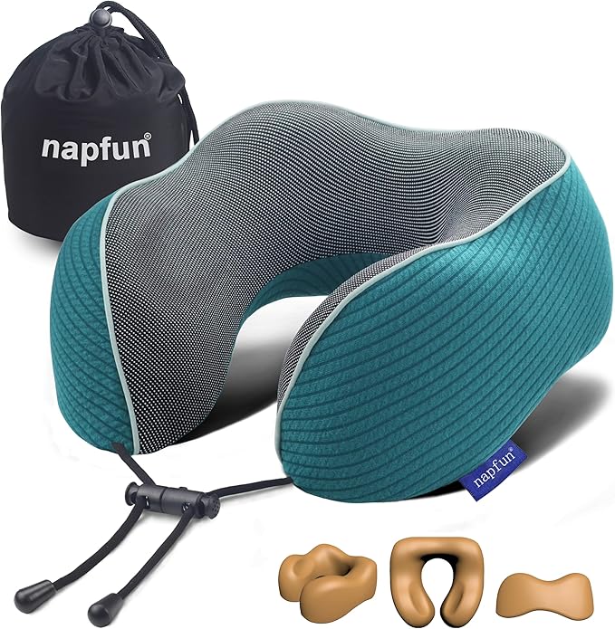 napfun Neck Pillow for Traveling, Upgraded Travel Neck Pillow for Airplane 100% Pure Memory Foam Travel Pillow for Flight Headrest Sleep, Portable Plane Accessories, Teal