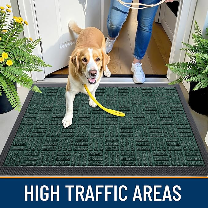 OLANLY Front Door Mat Outside Entrance 33x21, Absorbent, Heavy Duty Sturdy Natural Rubber Doormat Indoor Outdoor, Non-Slip, Stain and Fade Resistant, Low Profile Floor Mat for Entryway, Black Green