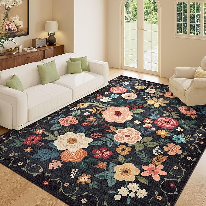 DUKINO 5x7 Area Rug, Floral Design, Lightweight Non Slip Washable, Indoor Low Pile & Non-Shedding Boho Rug for Bedroom, Living Room, Dining Room, Black