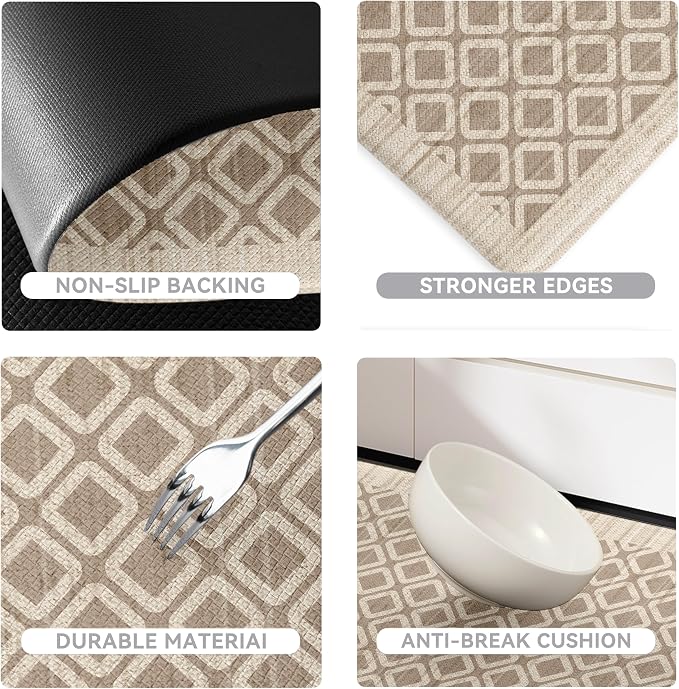 Tan Khaki Vintage Geometric Elegance Grid Kitchen Rug Sets [2 PCs], Anti-Fatigue, Waterproof Non-Slip Kitchen Mats Heavy Duty Comfort Foam Rug for Kitchen, Floor, Laundry,17"x29"+17"x47"