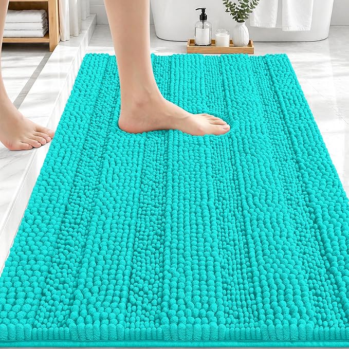 OLANLY Thick Bathroom Rugs 30x20, Extra Soft Absorbent Chenille Striped Bath Rugs, Rubber Backing, Machine Wash Dry, Bath Mats for Bathroom Floor, Tub and Shower, Home Decor Accessories, Teal