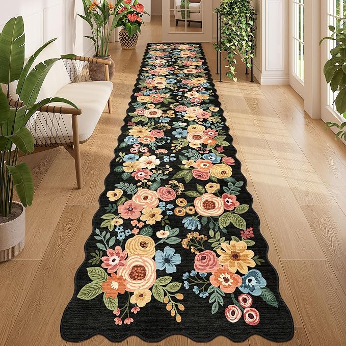 DUKINO 2.6x12 Runner Rug for Hallway, Non Slip Floral Washable Kitchen Rug with Low Pile Design, Boho Stain Resistant Floor Carpet Runner for Entryway, Bathroom, Laundry, Bedroom, Black
