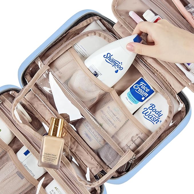 NISHEL Travel Toiletry Bag for women, Portable Hanging Organizer for Travel-Sized Shampoo, Conditioner, Brushes Set, Makeup Accessories, Medium Size, Placid-Blue