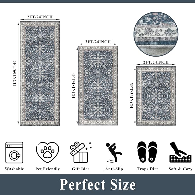 Kitchen Rug Sets 3 Piece Non Skid – Washable Small Kitchen Rugs and Runner Set for Sink Entryway Bathroom Hallway – Soft Low Pile Floor Mats (Blue,2x3,2x4,2x5)