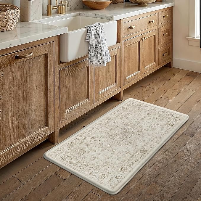Thick Anti Fatigue Kitchen Mats 2PCS Beige Neutral Cushioned Vintage Floor Mat Non-Slip Waterproof Comfort Standing Rug for Sink Laundry Office 17.3"×47"+17.3"×30" (0.47inch)