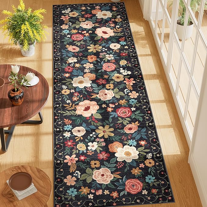DUKINO Runner Rug, 2x7 Boho Kitchen Rug for Hallways with Low Pile Design, Washable Non Slip Backing Soft Floral Runner for Kitchen, Hallway, Entryway, Bedroom, Laundry, Black