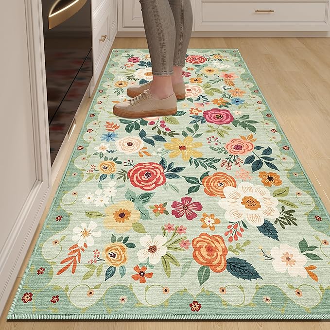 DUKINO 3x6 Runner Rug, Washable Soft Floral Hallway Runner Rug with Non Slip, Low Pile Thin Floor Carpet for Kitchen, Bathroom, Entryway, Laundry, Entryway, Green
