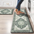 Boho Kitchen Mats for Floor 2 Piece Set Anti Fatigue Cushioned PVC Kitchen Rugs Non Slip Waterproof Farmhouse Mats 2/5 Inch Comfort Standing Mat for Sink, Laundry, Office, 17.3"x47"+17.3"x28", Green