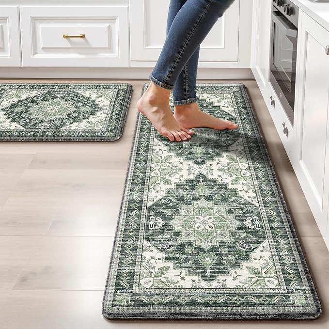 Boho Kitchen Mats for Floor 2 Piece Set Anti Fatigue Cushioned PVC Kitchen Rugs Non Slip Waterproof Farmhouse Mats 2/5 Inch Comfort Standing Mat for Sink, Laundry, Office, 17.3"x59"+17.3"x28", Green
