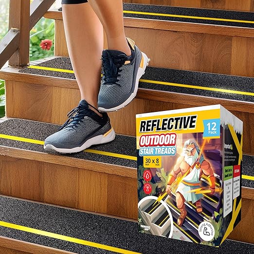 Reflective Grip Tape for Stairs 30" x 8" - 12-Pack Outdoor Stair Treads Non-Slip Weather Resistant - Anti Slip Tape for Exterior Wooden Steps - Waterproof 80-Grit Adhesive Treads by Thunder Grip