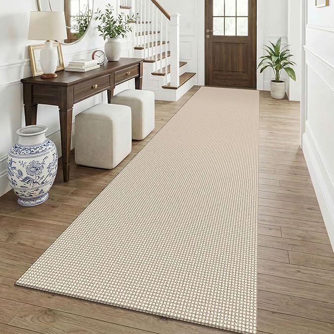 KOZYFLY Cotton 3x12 Runners Rugs for Hallway, Long Washable Runner Rug, Woven Non Slip Kitchen Runner, Braided Entryway Rug, Floor Carpet for Entry, Aisle, Hall, Ivory/Camel/Brown