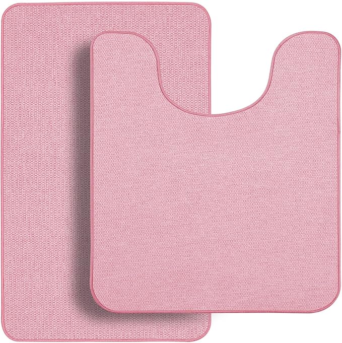 Bosap Bathroom Rugs Set 2 Pieces,Thin Bathroom Mats,Toilet Rugs,Quick Dry,Non-Slip,Machine Washable,Low Pile,Absorbent Bath Mats,Shower,Sink,Home Decor Accessories.Pink,1'5"x2'3"+1'8"x2" U Shape