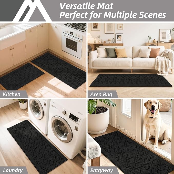 COSY HOMEER-Kitchen-Rugs-and-Mats 20"x48" Non Slip Kitchen Mats for Floor Absorbent Washable Kitchen Runner Standing Floor Mat for Sink Mat,Entry,Laundry,Polypropylene,Black