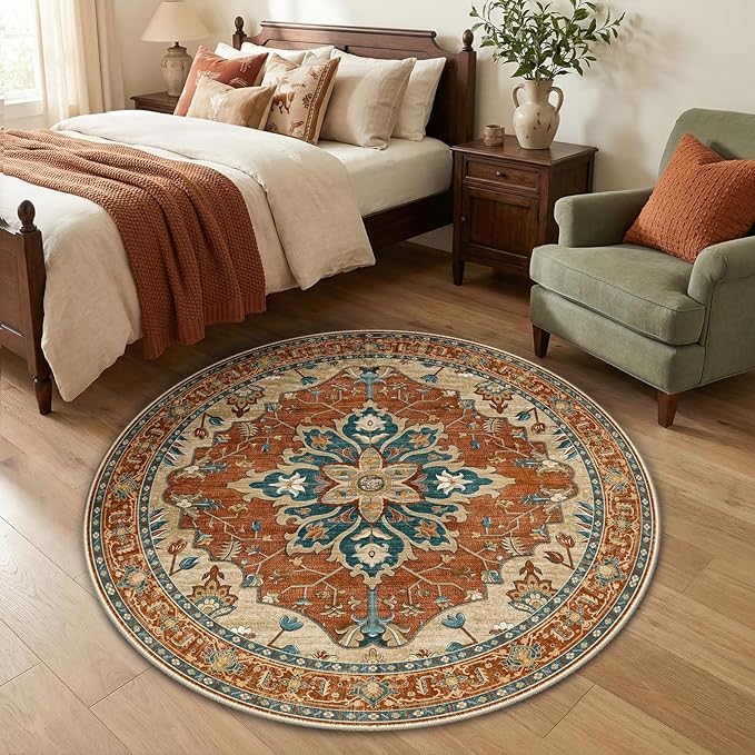 RELEANY Area Rugs Round 4ft Washable Non-Slip, Floral Vintage Distress Medallion Carpet for Living Room Bedroom Dining Room, Red Orange Blue Brown