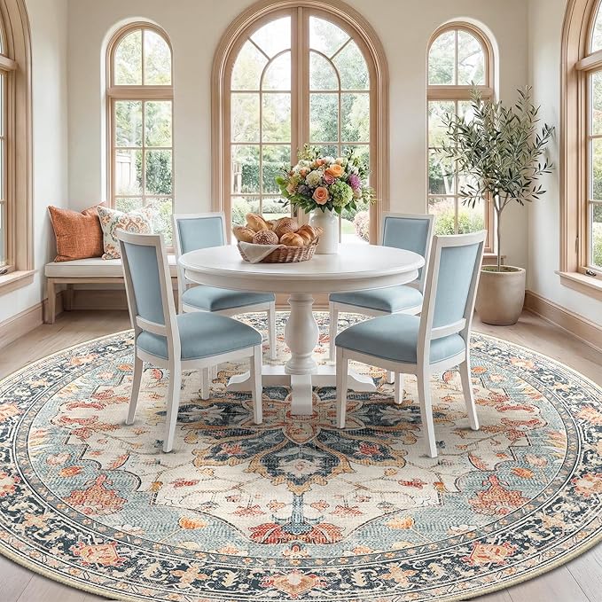 RELEANY Area Rugs Round 10ft Washable Non-Slip, Floral Vintage Distress Medallion Carpet for Living Room Bedroom Dining Room, Beige Navy Blue Orange Colorful