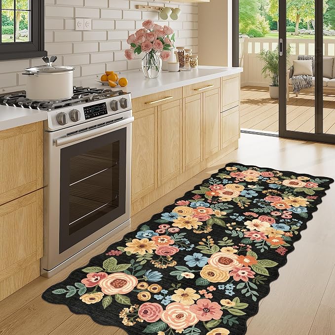 DUKINO 2x5 Washable Runner Rugs, Non Slip Floral Print Entryway Rug with Soft Low Pile, Lightweight Mat for Living Room, Bathroom, Bedroom, Kitchen, Black