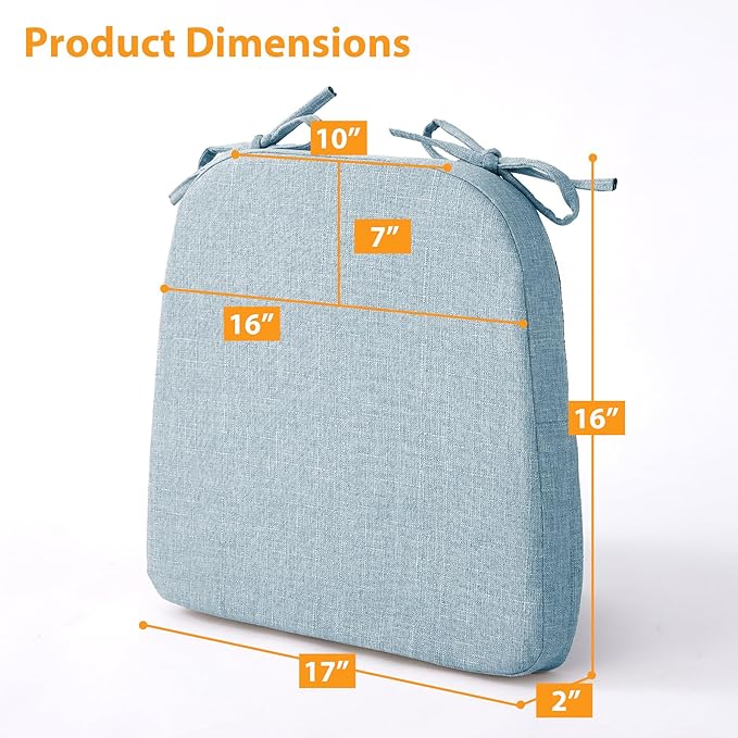 Ruqmuis Chair Cushions for Dining Chairs, 2" Thick Seat Cushions for Kitchen Chairs, D-Shaped Chair Pads with Washable Cover, Ties and Non Slip Backing, 17'' x 16'', Set of 6, Light Blue