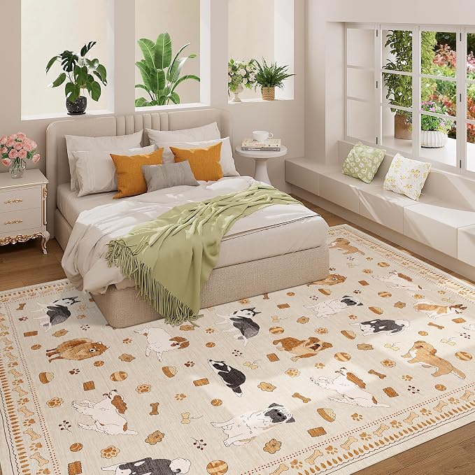 DUKINO 8x10 Area Rug, Non Slip Washable Animal Dog Rug for Living Room, Stain Resistant & Low Pile Indoor Floor Large Carpet for Bedroom, Farmhouse, Nursery, Dining Room, Kids Playroom, Beige Yellow