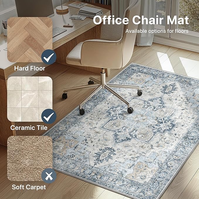 48"x72" Office Chair Mat for Hardwood Tile Floor, Under Desk Carpet Protector for Rolling Computer Chair Mat, Machine Washable Area Rug, Anti-Slip 1/5" Thick Low Pile Thin Vinyl Floor Mat, Blue