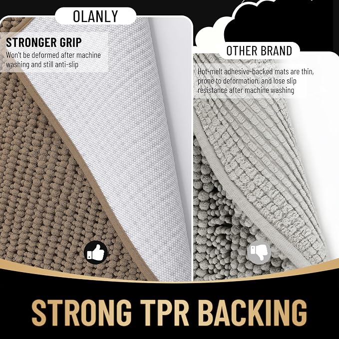 OLANLY Thick Small Bathroom Rugs 24x16, Extra Soft Absorbent Chenille Bath Rugs, Rubber Backing, Machine Wash Dry, Bath Mats for Bathroom Floor, Tub and Shower, Home Decor Accessories, Tan