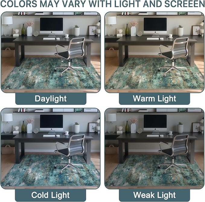 48"x60" Office Chair Mat for Hardwood Tile Floor, Under Desk Carpet Protector for Rolling Computer Chair Mat, Machine Washable Area Rug, Anti-Slip 1/5" Thick Low Pile Thin Vinyl Floor Mat, Teal Blue