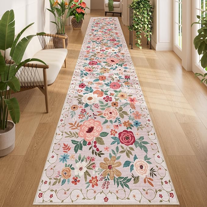DUKINO 2.6x14 Kitchen Runner Rug, Lightweight Floral Washable Rug for Hallway, Boho Low Pile & Non Slip Backing Soft Floor Carpet for Entryway, Bedroom, Bathroom, Laundry, Beige