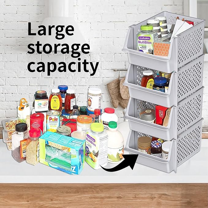 TidyFriend 4 Pack Stackable Storage Bins Open Front for Pantry Organizers and Storage, Pantry Storage for Food, Kitchen and Home Organization, Plastic Storage Bins, Dorm Room Essentials (Light Grey)