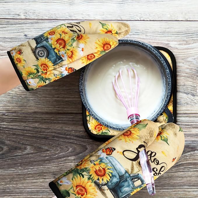 Sunflower Oven Mitts and Pot Holders Sets Vintage Floral Oven Gloves Heat Resistant 4 Pcs Farmhouse Decorative Kitchen Hot Pads and Mitts for Baking Cooking Grilling