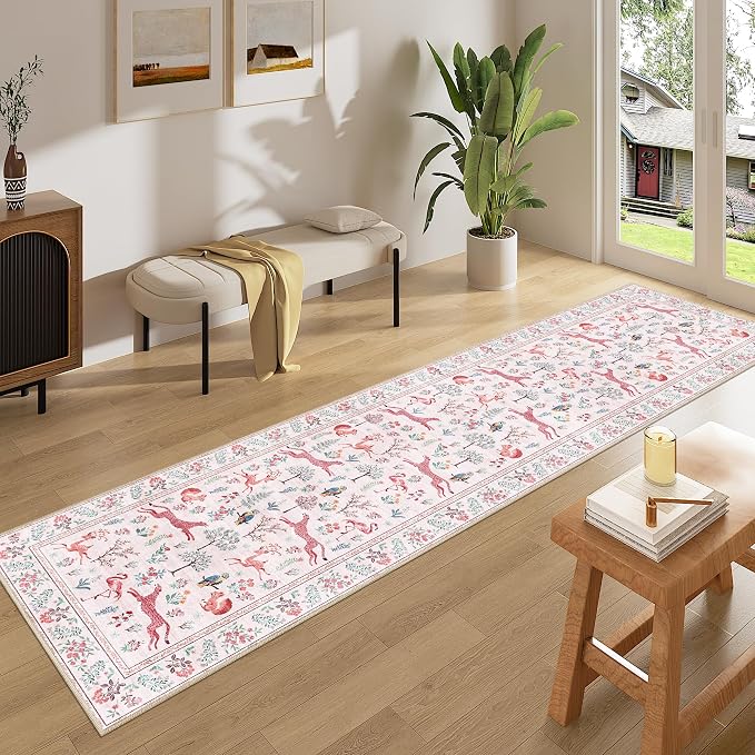 DUKINO Runner Rug, 2x8 Washable Kitchen Rugs for Hallways with Non Slip Backing, Soft Low Pile Vintage Animal Runner for Kitchen, Hallway, Entryway, Laundry, Bedroom, Pink