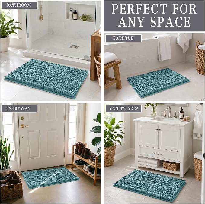 Yimobra Bathroom Rugs Non Slip Washable 24x17 Inch - Ultra Soft Absorbent Chenille Bath Mat, Quick Dry Shaggy Floor Carpet for Tub Shower, Teal Blue Home Decor Accessories