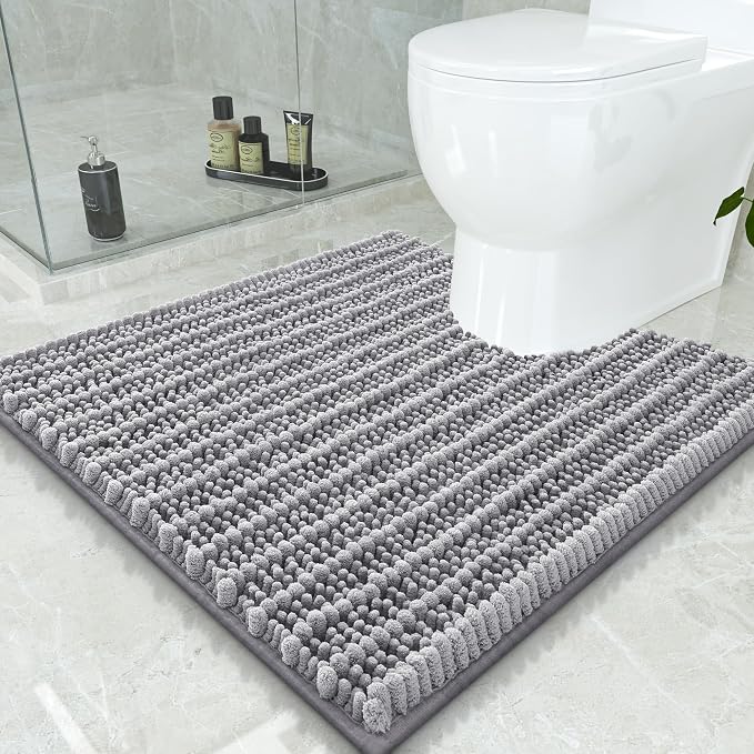 Smiry Bathroom Toilet Rugs U Shaped 24x24, Extra Soft Absorbent Non Slip Rubber Backing Chenille Contour Bath Rugs for Toilet, Machine Washable Contoured Bath Mats, Grey