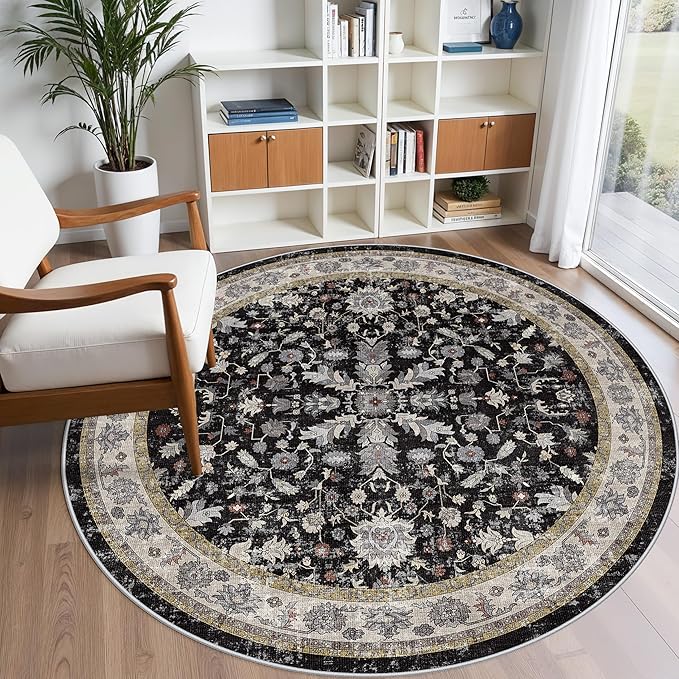 6ft Round Kitchen Rug Washable - Non-Slip Soft Low Pile Circle Area Rug for Under Table Living Room Dining Room Bedroom – Boho Floral Circular Floor Indoor Carpe (Black,6x6)