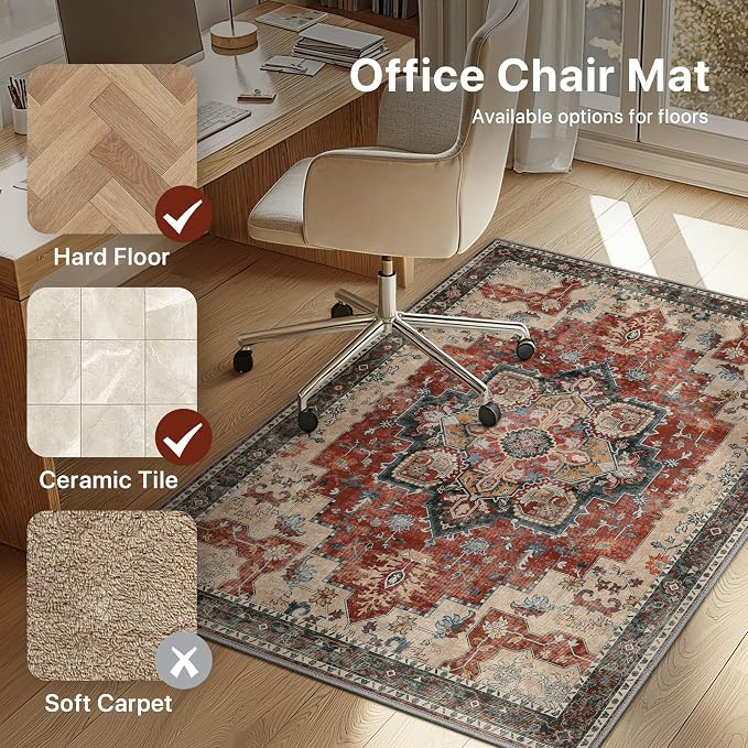48"x72" Office Chair Mat for Hardwood Tile Floor, Under Desk Carpet Protector for Rolling Computer Chair Mat, Machine Washable Area Rug, Anti-Slip 1/5" Thick Low Pile Thin Vinyl Floor Mat, Annatto
