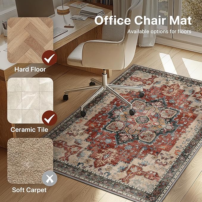 36"x60" Office Chair Mat for Hardwood Tile Floor, Under Desk Carpet Protector for Rolling Computer Chair Mat, Machine Washable Area Rug, Anti-Slip 1/5" Thick Low Pile Thin Vinyl Floor Mat, Annatto