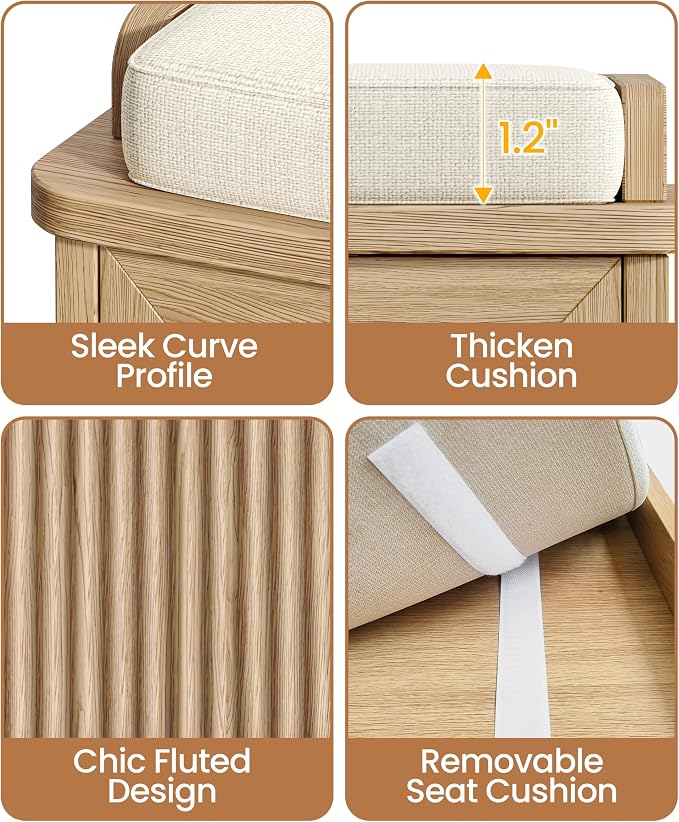 Akxomel Fluted Shoe Storage Bench with Cushion, 39.4" Entryway Bench with Adjustable Shelves and 2 Doors, Shoe Cabinet Bench with Curved Profile, for Hallway, Living Room, Bedroom, Natural Oak